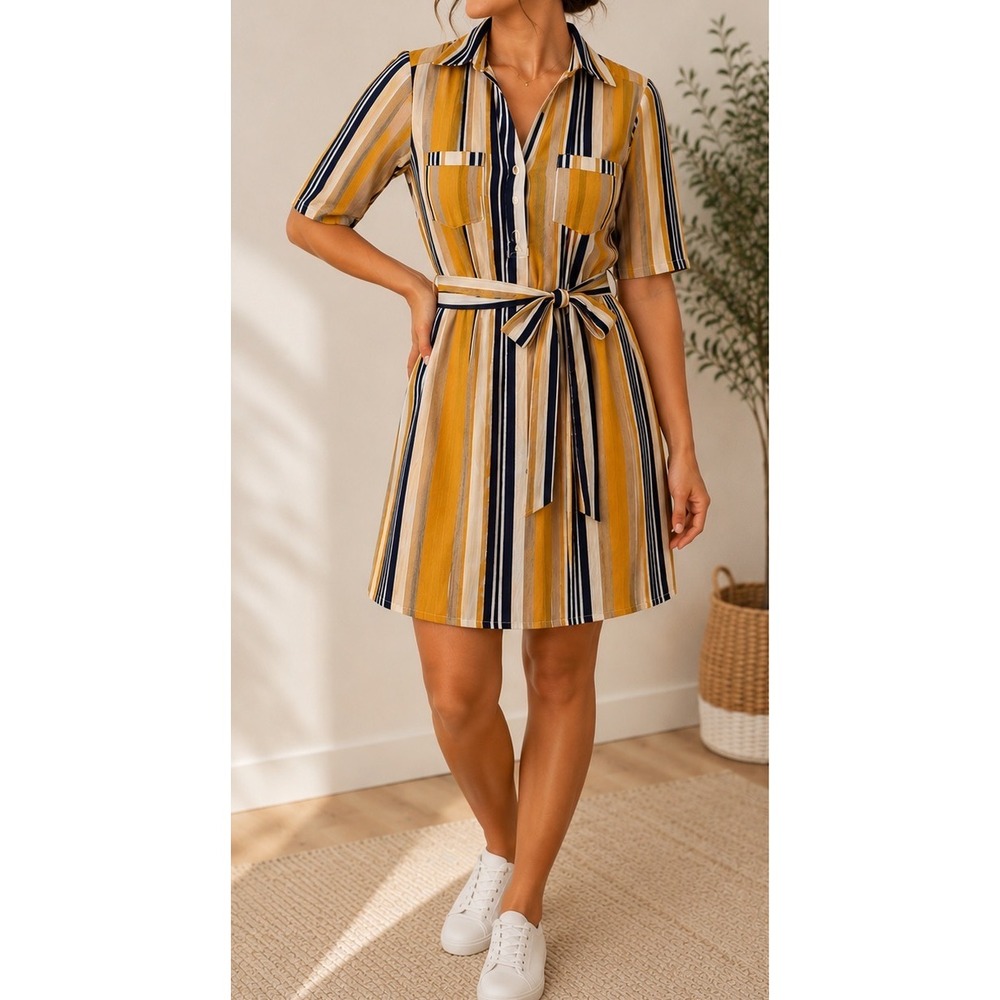 Urban Girl Mustard Yellow Navy Striped Shirt Dress Belted Roll Tab Sleeve Medium